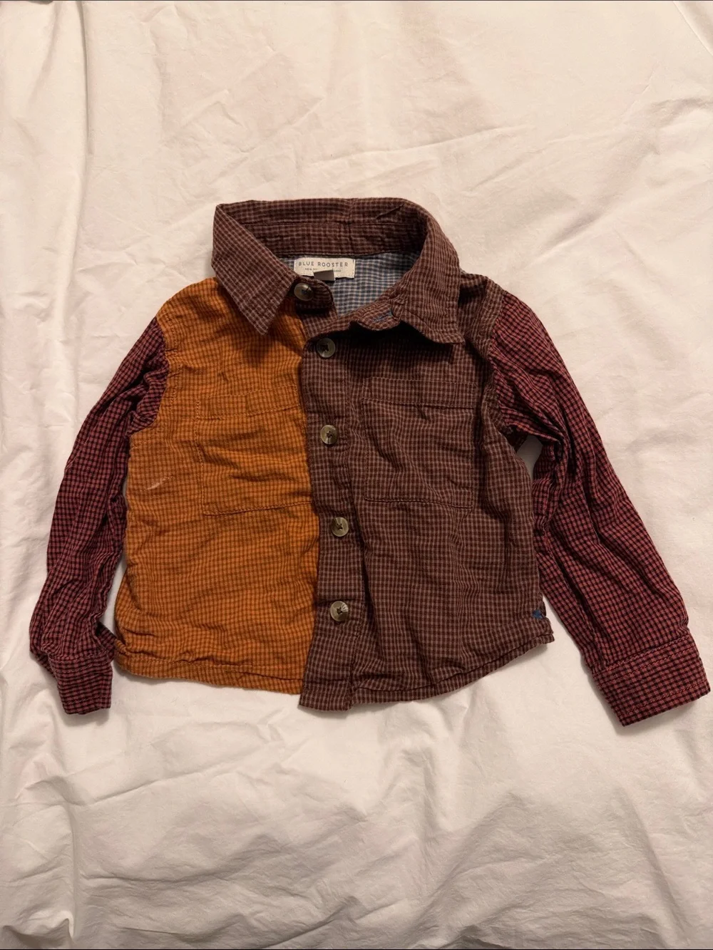 Patchwork Button-Front Kids Shirt in Brown & Mustard